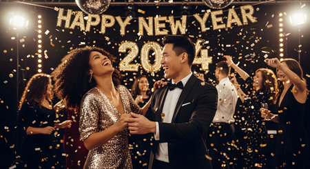 A joyful, stylish couple dances and laughs together under falling gold confetti at a New Year's Eve party. A 'Happy New Year 2024' sign and disco balls are visible in the background, surrounded by other celebrating people.の素材