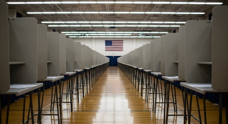 A long, symmetrical view of two rows of empty voting booths set up in a gymnasium. An American flag hangs on the wall in the distant center. The scene represents Election Day, democracy, and the civic duty of voting.の素材