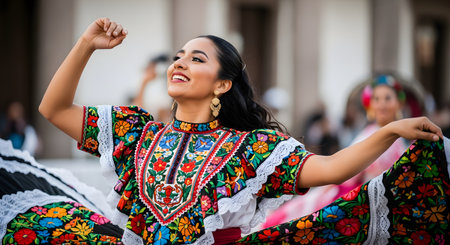 A beautiful young woman is smiling and dancing in a vibrant, colorful, and intricately embroidered traditional Mexican folklorico dress. She is performing outdoors, with her arms raised, as part of a fiesta, parade, or cultural celebration.の素材
