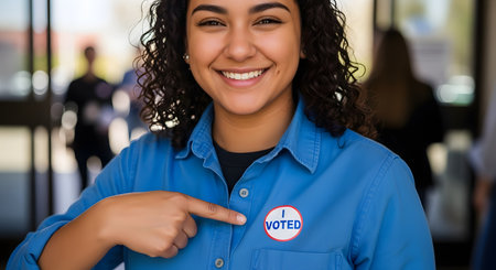 A smiling young Hispanic woman proudly points to an 'I Voted' sticker on her blue shirt. She is looking directly at the camera, representing civic duty, democracy, and participation in an election.の素材