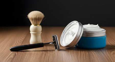 A classic men's wet shaving kit is arranged on a wooden surface against a dark background. The set includes a safety razor, a shaving brush with a cream handle, and an open tub of white shaving cream.の素材