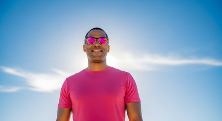 A low-angle shot of a happy, smiling man wearing a bright pink t-shirt and matching reflective sunglasses. He stands confidently against a clear blue sky, exuding positivity and a cheerful summer vibe.の素材