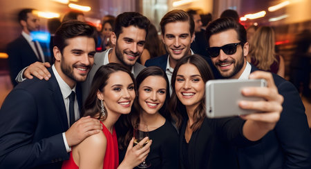 A glamorous group of young, well-dressed friends (men and women) are smiling and taking a selfie with a smartphone at a crowded party. The atmosphere is festive, with blurred lights in the background. This image represents celebration, friendship, nightlife, and social media.の素材
