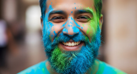 A close-up portrait of a happy, smiling man with a beard, his face and beard covered in vibrant blue and green powder. The image captures the joy and celebration of the Holi festival.の素材