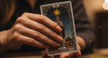 A close-up of a woman's hands with a neat manicure, holding up 'The Star' tarot card. The background is dark and warm, with magical sparkles added, suggesting fortune-telling or spirituality.の素材