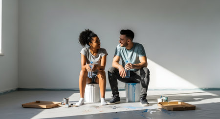 A young, diverse couple takes a break from painting their new home. They are sitting on paint cans in an empty, sunny room, smiling and talking while holding water bottles, with painting supplies on the floor.の素材