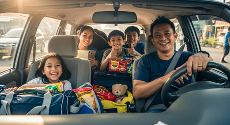 A happy Asian family of five smiles from inside a car packed with luggage and snacks for a road trip. The father is driving, while the mother and three children look at the camera, ready for their vacation.の素材