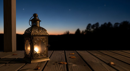 A vintage-style metal lantern with a glowing candle inside rests on a rustic wooden porch. In the background, the sky fades from orange to deep blue at dusk, with a few stars visible, creating a peaceful, cozy, and tranquil autumn evening atmosphere.の素材