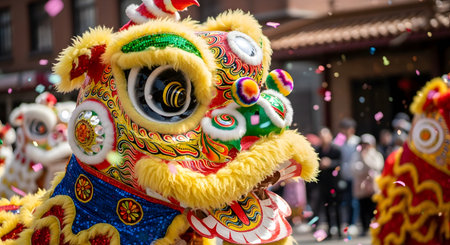A vibrant, close-up shot of a traditional Chinese lion dance costume during a Lunar New Year parade. Colorful confetti falls around the ornate yellow and red lion head, capturing the festive and energetic atmosphere of the celebration.の素材