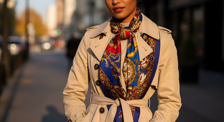A medium shot of a stylish woman on a blurred city street, illuminated by golden hour sunlight. She is wearing a classic beige trench coat and a vibrant, colorful silk scarf with a red and blue pattern, epitomizing chic urban fashion.の素材