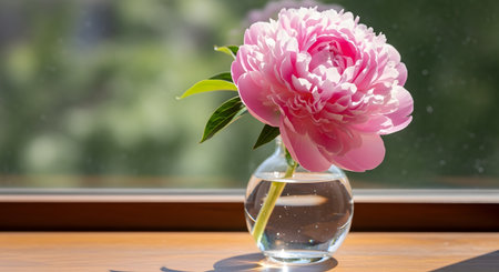A single, large pink peony flower in full bloom rests in a small, round glass vase filled with water. The vase sits on a wooden windowsill, backlit by bright, natural light from the window, with a blurred green background.の素材