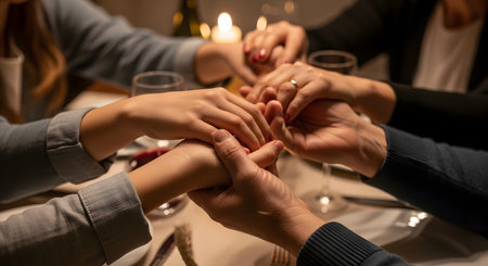 A close-up of a family's hands clasped together over a dinner table in a warmly lit, intimate setting. They are saying grace or praying before a meal, symbolizing faith, unity, gratitude, and family togetherness.の素材