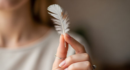 A close-up shot of a woman's hand with a gentle manicure, holding a small, delicate white feather between her thumb and forefinger. The background is softly blurred, creating a sense of lightness, softness, and spirituality.の素材