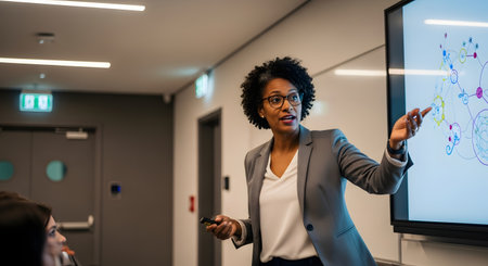 A professional African American woman in a business suit gives a presentation, pointing to a diagram on a large screen. She is in a modern conference room, speaking to an audience, conveying concepts of leadership, education, and corporate strategy.の素材