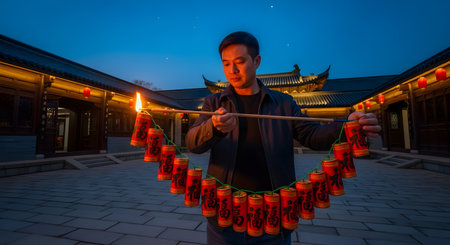 An Asian man stands in the courtyard of a traditional Chinese building at dusk, using a lit stick to light a long string of red firecrackers. The firecrackers have the Chinese character for 'good fortune' (Fu) on them. Red lanterns are visible on the buildings.の素材