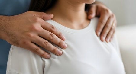 A close-up shot of a man's hands gently resting on a woman's shoulders, who is wearing a white t-shirt. The gesture conveys support, comfort, reassurance, or affection.の素材