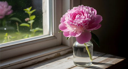 A single, beautiful pink peony flower in a simple glass vase, sitting on a rustic wooden windowsill. Soft sunlight illuminates the flower, creating a peaceful and domestic still life scene.の素材