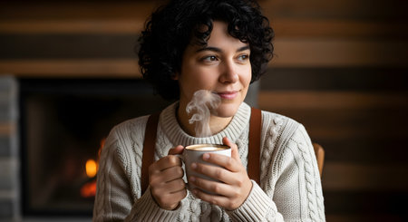 A portrait of a woman with short curly hair, wearing a cozy cable-knit sweater, holding a steaming mug of coffee or tea. She is smiling gently and looking away, with the warm glow of a fireplace blurred in the background, creating a hygge atmosphere.の素材