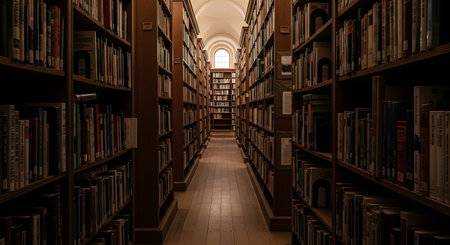 A long, quiet aisle in an old library or study, with tall dark-wood bookshelves packed with books on both sides. A vaulted ceiling and an arched window at the far end cast a soft light on the wooden floor. This scene evokes knowledge, history, and quiet study.の素材