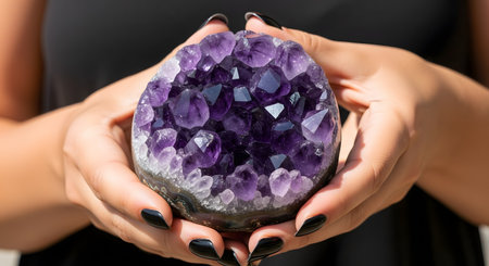 A close-up of a woman's hands with black painted nails, gently holding a large, round amethyst geode. The deep purple crystals sparkle, representing healing, spirituality, and geology.の素材