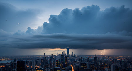 A dramatic cityscape is seen from a high angle as a massive storm cloud gathers overhead at dusk. Lightning strikes in the distance, and the city lights twinkle below, creating a moody and powerful weather scene, possibly viewed through a window with raindrops.の素材