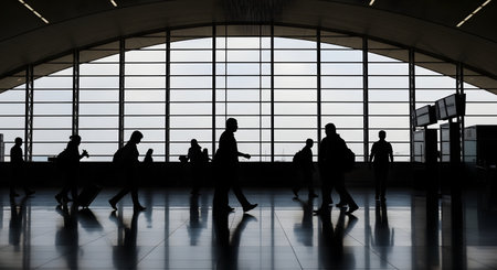 A silhouette of travelers walking through a modern airport terminal in front of a large, grid-patterned window. People are seen with luggage and backpacks, and their dark reflections are visible on the polished floor, representing travel and transit.の素材