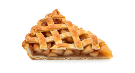 A classic slice of apple pie with a golden-brown lattice crust, isolated on a white background. The side view shows the generous fruit filling and flaky pastry, representing a traditional dessert.の素材