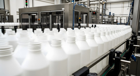 Rows of empty white plastic bottles move along a conveyor belt on an automated production line inside a modern factory. This image represents mass production, manufacturing, industry, and the bottling process.の素材