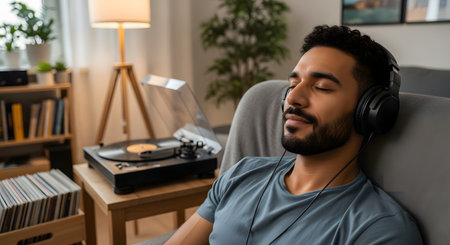 A relaxed man sits in a comfortable chair with his eyes closed, listening to music on large black headphones. In the background, a vinyl record is playing on a turntable, and stacks of records are visible, showing a love for music and relaxation at home.の素材