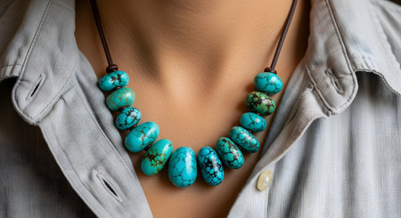A close-up shot of a woman's neck, wearing a gray collared shirt and a necklace made of large, polished turquoise beads. The blue-green stones have dark matrix patterns.の素材