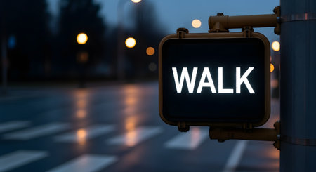 A 'WALK' pedestrian crossing signal is illuminated in white, indicating it is safe to cross the street. The scene is at dusk or night, with the crosswalk and bokeh from streetlights blurred in the background. This image represents safety, urban life, and guidance.の素材
