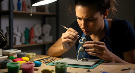 A focused female sculptor works meticulously on a small clay figurine of a human body in her dimly lit workshop. She uses a sculpting tool under a bright desk lamp, surrounded by art supplies and other sculptures.の素材