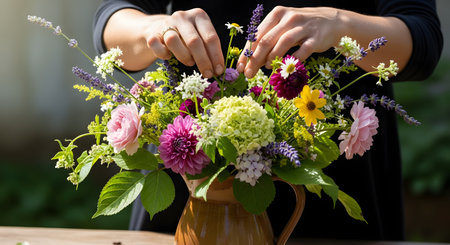 A close-up of a person's hands arranging a beautiful bouquet of colorful, fresh-cut flowers in a rustic clay pitcher. This represents floristry, hobbies, creativity, and nature's beauty.の素材