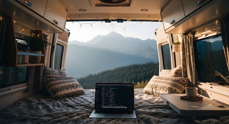 The cozy interior of a camper van with the back doors open to a stunning mountain landscape. A laptop with code on the screen sits on the bed, representing the digital nomad lifestyle, remote work, and van life.の素材