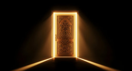 An ornate, carved wooden door stands in complete darkness, illuminated by a bright golden light streaming from its frame. The light casts long rays onto the floor, creating a sense of mystery, opportunity, or a portal to another world.の素材