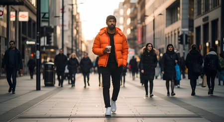 A stylish man wearing a bright orange puffer jacket, black beanie, and white sneakers walks confidently down a busy city street, holding a cup of coffee. The blurred background shows other pedestrians and shops, creating a dynamic urban street style scene.の素材