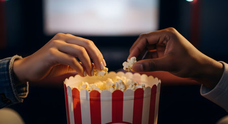 A close-up of two diverse hands, one light-skinned and one dark-skinned, simultaneously reaching into a large red and white striped bucket of popcorn. They are in a dark movie theater, with the blurred screen visible in the background, representing a shared cinema experience.の素材