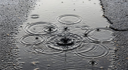 Raindrops fall into a puddle on a dark, wet asphalt surface, creating concentric circles and ripples. The image captures the motion of the rain hitting the water, with clear reflections on the surface.の素材