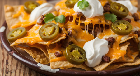 A close-up shot of a plate of loaded nachos, generously topped with melted cheddar cheese, ground beef, sliced jalapenos, and dollops of sour cream. The dish is presented on a rustic wooden table, highlighting its appeal as a popular appetizer or snack.の素材