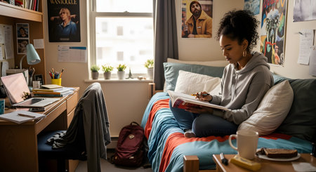 A young female college student studies in her dorm room. She is sitting cross-legged on her bed, reading a large textbook and holding a pen, with a laptop, notebooks, and coffee mug visible in the cluttered but cozy room.の素材