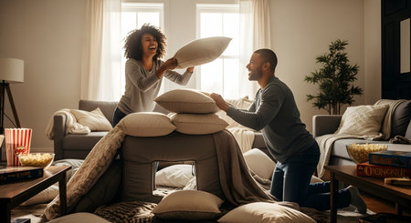 A joyful and playful couple having a pillow fight inside a cozy pillow fort in their living room. They are laughing and having fun together, surrounded by blankets, pillows, and snacks like popcorn. The image captures a moment of pure happiness, love, and carefree leisure at home.の素材