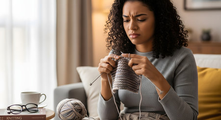A young woman with curly hair sits on a sofa, looking at her knitting with a confused and frustrated expression. She is trying to learn the craft but seems to be struggling, representing the challenges of learning a new hobby.の素材