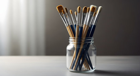 A variety of artist paintbrushes with different shapes and sizes are stored bristles-up in a clear glass jar. The jar sits on a plain, light-gray surface against a blurred, neutral background with soft lighting.の素材