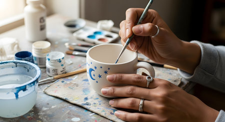 A close-up of a person's hands painting a blue moon and stars design on a white ceramic mug. The artist uses a fine brush, surrounded by paints, water, and other pottery supplies on a messy art table.の素材