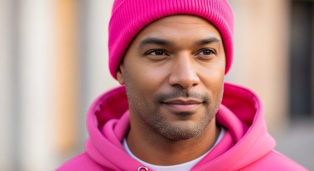 A close-up portrait of a handsome man with a light beard, wearing a vibrant pink beanie and a matching pink hoodie. He has a calm, confident expression and is looking slightly off-camera, with a blurred urban background.の素材