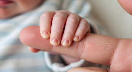 A tender macro shot of a newborn baby's tiny hand wrapping around an adult's finger. The image captures the delicate details of the infant's fingers and nails, symbolizing family, love, trust, and the bond between parent and child.の素材