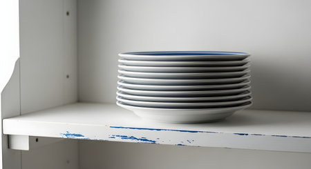A stack of white ceramic plates with a thin blue rim, resting on a rustic white wooden shelf. The shelf's paint is peeling, giving it a distressed, farmhouse or vintage look. The image is minimalist and clean, focusing on the simple kitchenware.の素材