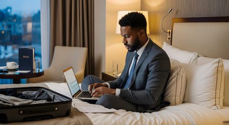 A businessman in a full suit sits cross-legged on a hotel bed, working diligently on his laptop. An open suitcase is nearby, illustrating a business trip, remote work, or a dedicated work ethic.の素材