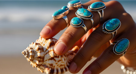 A close-up of a woman's hand adorned with multiple silver and turquoise rings in a bohemian style. She is holding a large seashell, with the blurred ocean and sandy beach in the background, evoking a summer vacation vibe.の素材
