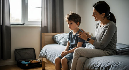 A mother sits on a bed and gently comforts her sad young son by placing a hand on his shoulder. The boy looks downcast, and an open suitcase is on the floor nearby, suggesting themes of travel, moving, separation, or a difficult conversation. The scene conveys parental support, empathy, and childhood emotions.の素材